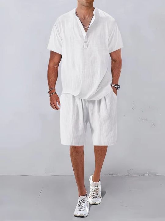ฤดูร้อนบุรุษชายหาดชุด-100-ผ้าลินินลําลองเสื้อโปโลด้านบน-กางเกงขาสั้น-2-ชิ้นบุรุษสีทึบแฟชั่นชุดระบายอากาศ