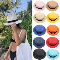 2023 New Women Straw Hats Panama Wide Brim Jazz Hat Summer Bow Knot Flat Top Sun Hat Sun-Shading Chapeau Beach UV Protection Cap