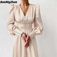 ↂ☈☋  Spring Sexy Party Dresse Women Single Breasted Elegant Evening Dress Female Casual Vintage High Waist Lantern Sleeve Long Dress - Dresses - AliExpress