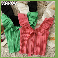 ANRUO เสื้อผ้าผู้หญิง,เสื้อผ้าฝรั่งเศสสีทึบโบว์โบว์เสื้อแบบสั้นกระชับหวานและบางฤดูร้อน