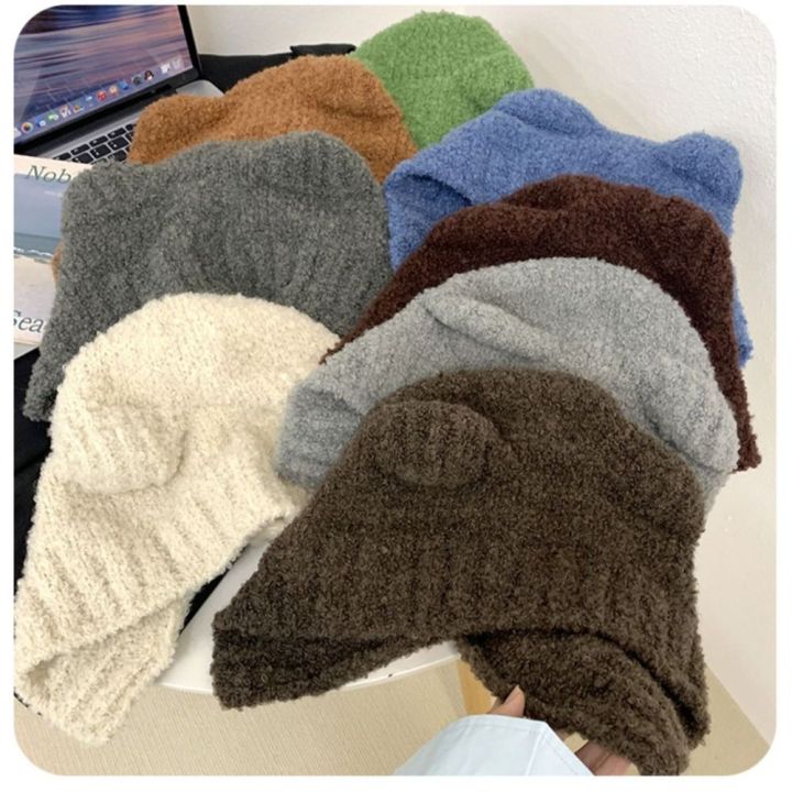 okdeals-หมวกหมวกถักขนสัตว์ถักหูหมีอบอุ่นฤดูใบไม้ร่วงและฤดูหนาว