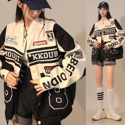 Onesunnys😎จัดส่งจากประเทศไทย😋 เสื้อแจ็คเก็ตเบสบอล แบบกระดุม เนื้อผ้าหนานิ่ม ทรงหลวม สไตล์เกาหลี  เสื้อเบสบอลผู้หญิงพิมพ์ลายตัวอักษรที่ถอดออกได้