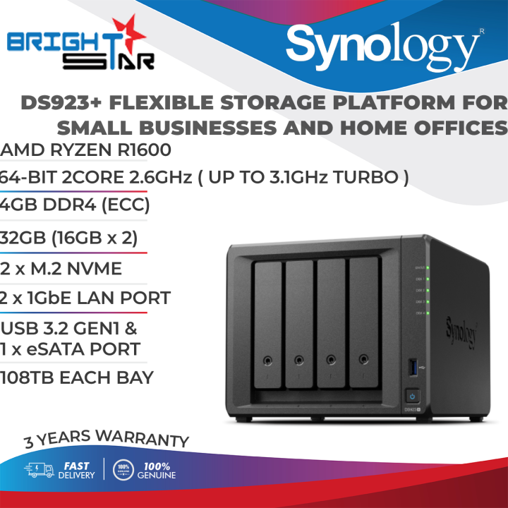 SYNOLOGY DS923+ 4BAY NAS FLEXIBLE STORAGE PLATFORM FOR SMALL