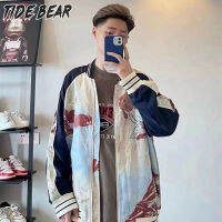 TIDE BEAR เสื้อโค๊ตคู่รักทรงหลวม Jersei Bisbol พิมพ์ลายซิปคอกลมของผู้ชาย