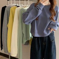 Triple A  Womens short sweater Korean style solid color loose long-sleeved round neck sweater high waist top 9113