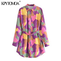 KPYTOMOA Women  Fashion With Belt Loose Colored Print Mini Dress Vintage Long Sleeve Button-up Female Dresses Vestidos Mujer