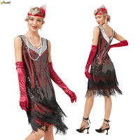 Vintage 1920 Flapper V คอ Duplo พู่ Vestido Grande Gatsby คอสเพลย์ค็อกเทลปาร์ตี้ Charleston Dança Lantejoula ชุดสตั๊ด