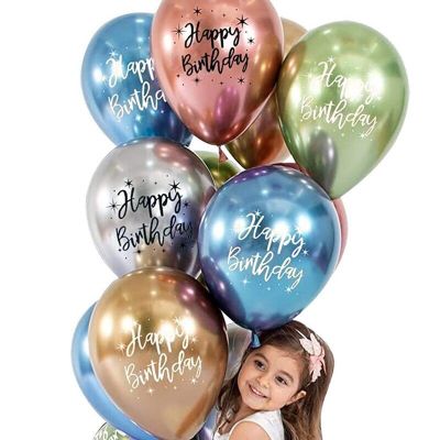 ☊ Pack of 10pcs 12 Inch Happy Birthday Latex Balloons Chrome Plated Printed Pattern Balloon Helium Metal Ball Birthday Decoration
