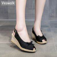 Veowalk รองเท้าแตะผู้หญิง,ทำด้วยมือผูกโบว์ผ้าลินิน Espadrilles Slingback 6ซม. รองเท้าส้นเตารีดผู้หญิงรองเท้าส้นตึกฤดูร้อนเรียบ