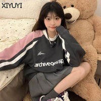 XIYUYI เสื้อกีฬาแขนยาวแบบปะคอฝาหลังผู้หญิงพิมพ์ลายคอกลม