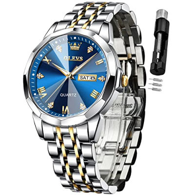 OLEVS Watch for Men Diamond Business Dress Analog Quartz Stainless Steel Waterproof Luminous Date Two Tone Luxury Casual Wrist Watch blue watch for men