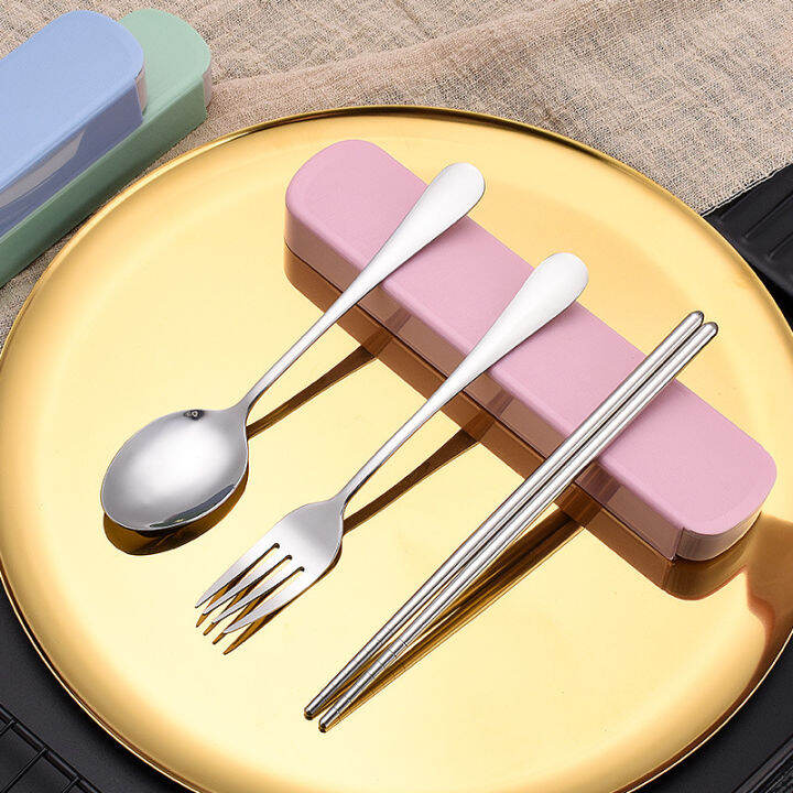 ในสต็อก-จัดส่ง-3-วัน-stainless-steel-portable-cutlery-floor-push-gift-set-three-piece-spoon-fork-chopsticks-outdoor-trip