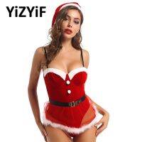 【CW】 Women Christmas Dress Up Party Lingerie Adjustable Straps Red Velvet Bodysuit Mrs Claus Santa Cosplay Sexy Costume Xmas Outfit