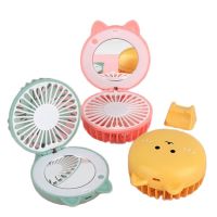 Portable LED Light Fan Compact Make Up Mirror 2 in 1 Mini Handheld Fan Cartoon USB Rechargeable Cooling Outdoor Small Fan Mirrors