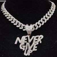 【HOT】☑ Men Hip Hop NEVER GIVE Pendant Necklace 13mm Cuban Chain HipHop Iced Out Necklaces Fashion Jewelry