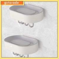 GOTORADE 2Pcs พร้อมตะขอ6อัน จานสบู่ ไม่มีการเจาะ กับท่อระบายน้ำ กล่องใส่สบู่ ใช้งานได้จริง พลาสติกทำจากพลาสติก ที่วางสบู่ ฝักบัวห้องน้ำห้องครัว