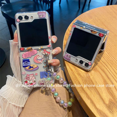 เคสโทรศัพท์สำหรับ Samsung Galaxy Z Flip5 Flip4 Flip3 5G เคส Phone Case เคสลายกราฟฟิตีสีสันสดใสพร้อมสร้อยข้อมือซิลิโคนใสหมีสายรุ้งเคสนิ่มกันกระแทก Samsung ZFlip5 2023