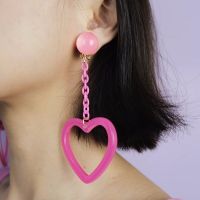 R118 Pink Acrylic Earrings Exaggerated Large Hollow Heart Chain Drop &amp; Dangle Earrings Party Jewelry For Women