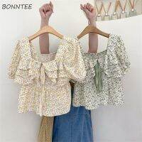 เสื้อเชิ้ตสตรีลายดอกไม้เสื้อครอปผู้หญิงหวานสไตล์เกาหลีเก๋ๆเข้ากับทุกชุดฤดูร้อนแฟชั่นระบายอากาศได้คอเหลี่ยมที่ได้รับความนิยมสุดเท่ห์มหาลัย
