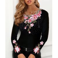 Elegant Blouse for Women Flower Print Mesh Tops Long Sleeve Black O-neck Patchwork Ladies Lace Decor Tee Tops Spring summer 2021