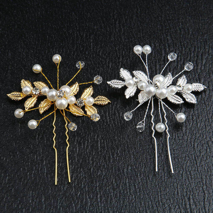 U-shaped Hairpin Leaf Pearl Embellishment Bridal Headwear Wedding ...