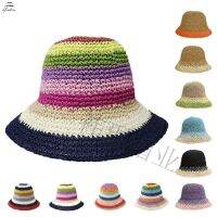 HOT★Fashion Summer Womens Bucket Hats Straw Rainbow Crochet Foldable Spell Color Pure Hand-woven Sunscreen Beach Sun Caps Wholesale