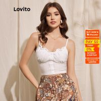 COD SDGREYRTYT Lovito Boho Plain Spaghetti Strap Frill Button Women Top L36LD090 (White)