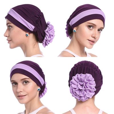 【CC】♧▽✹  H1110 two colors muslim hijab  with flower pull on hat islamic scarf turban full headcover women headwrap ramadan gifts