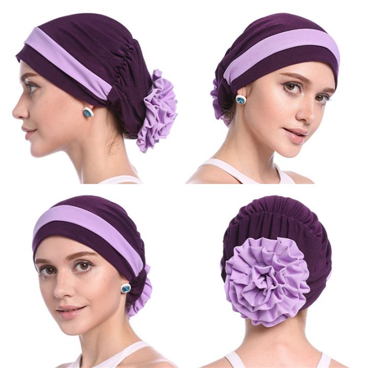 cc-h1110-two-colors-muslim-hijab-with-flower-pull-on-hat-islamic-scarf-turban-full-headcover-women-headwrap-ramadan-gifts