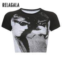 COD tjjs079 RelaGala Womens Retro Character Avatar Print Cropped Navel Short Sleeve T-Shirt