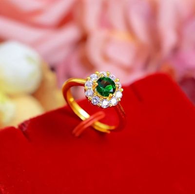 แหวนทอง ประดับเพชร แหวนเพชร สไตล์เกาหลี แหวน Green Zircon ปรับไซส์ได้ เครื่องประดับผู้หญิง สุดหรูหรา