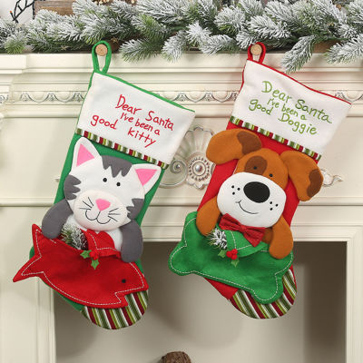 [wondering] ถุงน่องคริสต์มาส3D สุนัขและแมวรูปแบบแขวนถุงของขวัญตกแต่ง