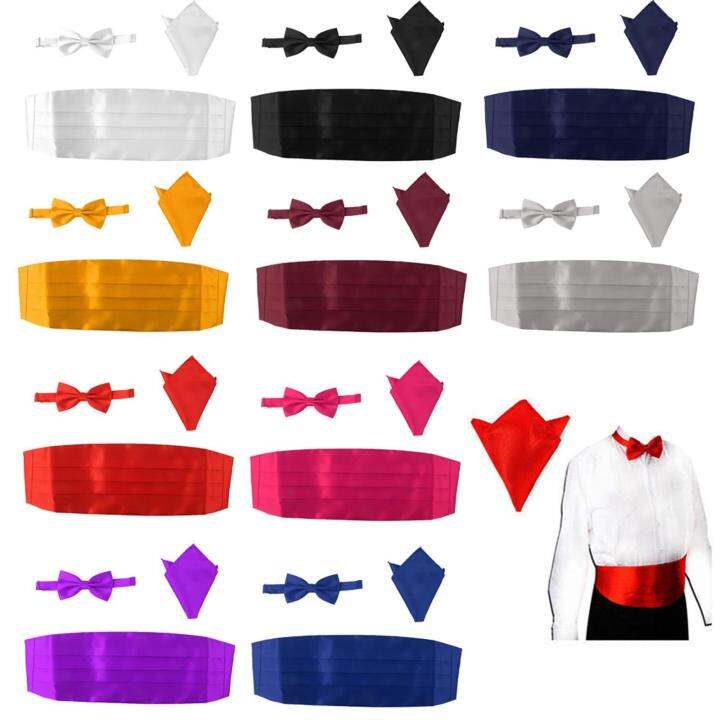 1-2-3ชุดที่มีความซับซ้อนของผู้ชาย3ผูกโบว์ซาติน-cummerbund-และผ้าเช็ดหน้า