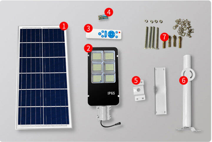 โคมไฟโซล่าเซลล์-solar-cell-led-streetlight-โคมไฟถนน-1800w-ไฟ-6ช่อง-daylight-แผงแยก-แถมรีโมท-และ-ขาตั้ง-ค่าไฟ-0บาท-ถูกที่สุด-กันน้ำ-ip67-วัตต์เต็ม-รับประกัน-1ปี