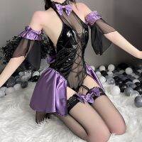 Genshin Impact Fischl Cosplay Halloween Maid Dress Nightwear Lolita Girls Backless Halter Latex Leather Bodysuit Lingerie Set