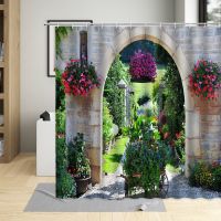 Garden Flower Shower Curtain Green Plants Stone Wall Wooden Door Street Scenery Decorative Cloth Bathroom Curtains Set Polyester