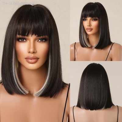 Black White Highlight Short Bob Wigs with Bangs Women Natural Synthetic Straight Hair Straight Bob Wig Heat Resistant Fiber [ Hot sell ] vpdcmi