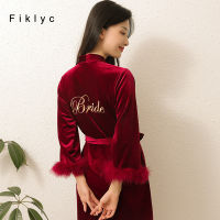 Fiklyc Womens Wedding Brides Velvet Winter Kimono Robes Free Shipping Feather Long Sleeve Knee Length Bridesmaid Bathrobes New