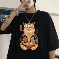 Samurai Cat เสื้อยืด Graphic Tees Mens พิมพ์ฤดูร้อน Tshirt Harajuku คู่เสื้อผ้า O-Neck แขนสั้น100 ผ้าฝ้ายเสื้อ