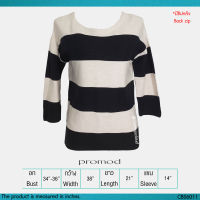 USED Promod - Knitted Cream Black Striped Top | เสื้อแขนยาวสีครีม สีดำ เสื้อไหมพรม ลายทาง ไหล่ตก ทรงใหญ่ สายฝอ แท้ มือสอง