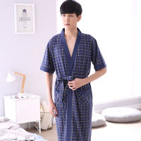 ขายร้อน2022คลาสสิกลายสก๊อตเสื้อคลุมอาบน้ำฤดูร้อนผ้าฝ้ายบางสบายๆ Nightgown ยาวเสื้อคลุมอาบน้ำผู้ชายชุดนอนแขนสั้นเสื้อคลุม XL-4XL