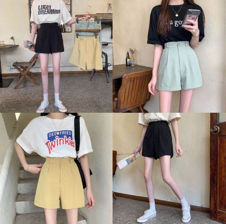 พร้อมส่ง-ล้างสต๊อก-fashion-shorts-กางเกงขาสั้นแฟชั่น-5610-กางเกงสีพื้น-เอวสูง-สม็อคหลัง-ทรงหลวม-วินเทจ