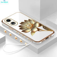 [ฟรีสายคล้อง] สำหรับ OPPO A58 4G GOLD ดอกบัวขอบสี่เหลี่ยมลวดลายชุบเคสโทรศัพท์หรูหราชุบเคสโทรศัพท์นิ่ม