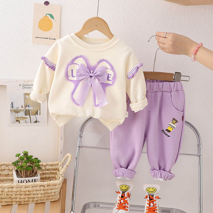 amila-เสื้อสเวตเตอร์ลำลองสำหรับเด็ก-ชุดกีฬา2ชิ้นเสื้อแขนยาว-กางเกงน่ารักแฟชั่นโบว์เด็กผู้หญิงใหม่