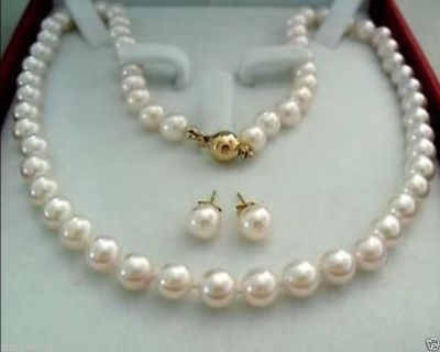 14K Gold Clasp 8-9MM AAA+ White Akoya Cultured Pearl Necklace Earring