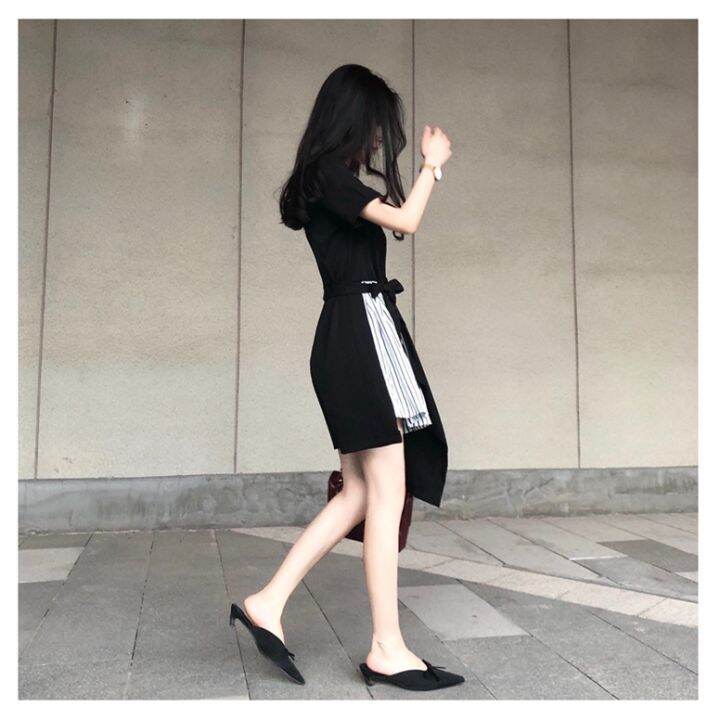 ชุดเดรสสั้นเหนือเข่า-summer-womens-mini-dress-korean-black-dress-irregular-retro-high-waist-short-dress