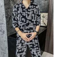 【hot seller】 thin ice silk short-sleeved T-shirt suit mens ins trendy brand handsome casual sports cool two-piece set