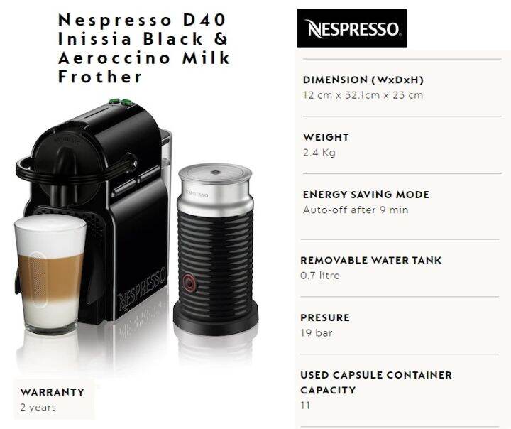 NESPRESSO D40 Inissia Black & Aeroccino Milk Frother A3D40MEBKNE4