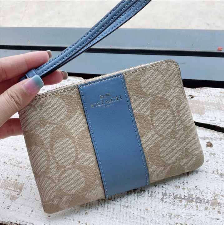 NEW Coach Brown Blue Large Corner Zip Monogram Canvas Wristlet