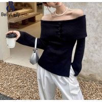 Women Knitted Sweater Fashion Sexy Off Shoulder Slim Fit Bottoming Shirt Long Sleeves Solid Color Pullover Tops【fast】